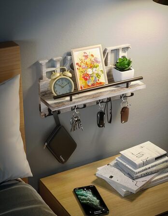 Дерев'яний органайзер для ключів з полицею на стіну - 7 гачків, Rustic дизайн (білий)