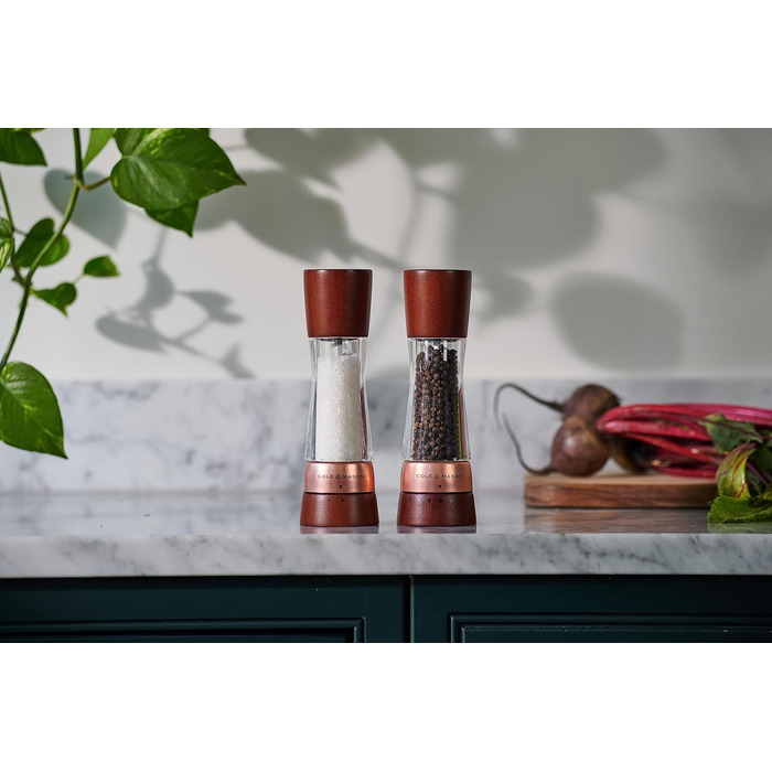 Набір для перцю та солі Cole & Mason Derwent Kastanie Roségold (2 шт.), ручний млин з регульованим керамічним жорном, дерево/акрил, 190 мм, Precision+, подарунковий набір