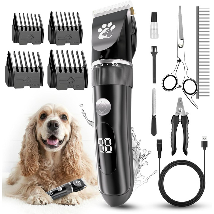 Професійний собачий триммер для собак та котів, бездротовий, 2 швидкості, LED-дисплей, IPX5, для собак та котів середніх та малих порід