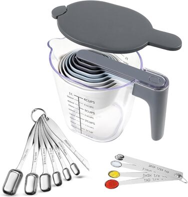 22-Piece Measuring Cups and Spoons Set, Stainless Steel Measuring Spoon Set and Stackable Measuring Cups with Lid for Liquid and Dry Ingredients, Cooking Baking Gadgets