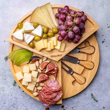 Bamboo Cheese Board with Cheese Knife Set – 37cm Round Wooden Serving Platter for Cheese and Appetizers – Rotating Cheese Board – Cheese Board Charcuterie Board – Gift Idea