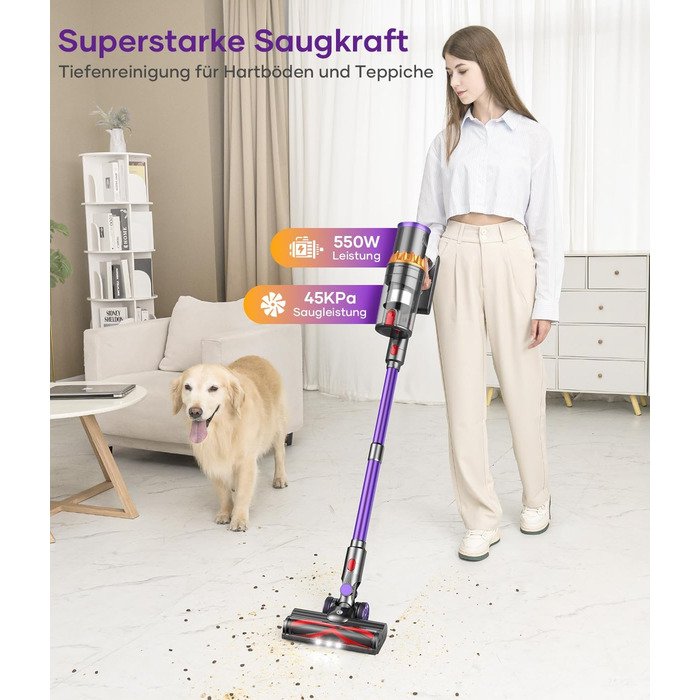 CHEBIO 45000Pa/550W/70Min Cordless Vacuum Cleaner, Battery-Powered Vacuum with Automatic Suction Setting, Vacuum with Anti-Tangle Brush & LED Display for Carpets, Hard Floors, and Pet Hair