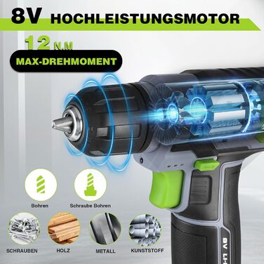 WORKPRO Акумуляторний шуруповерт 8V з набором 53 аксесуари, регульована швидкість, LED-ліхтик, для домашніх ремонтів та DIY