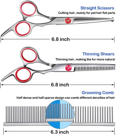 Набір професійних інструментів для грумінгу собак: ножиці з нержавіючої сталі, ножиці для витончення, ножиці з округлими кінцями, тример для шерсті, набір для грумінгу тварин з тримером для нігтів для собак і котів, червоний
