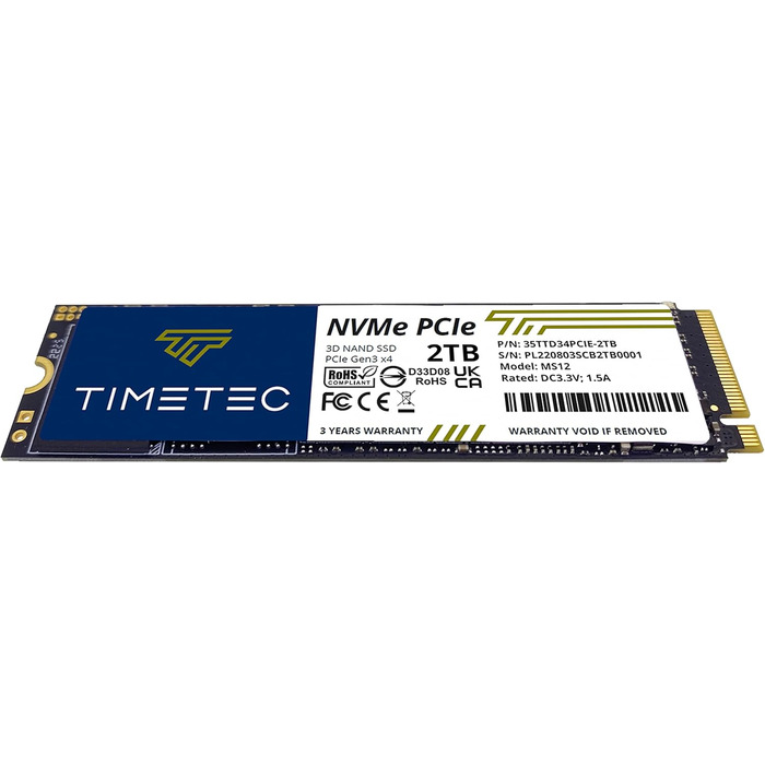 SSD Timetec 2TB NVMe PCIe Gen3x4 з DRAM Cache – Внутрішній SSD для ПК, 3.400/3.000 MB/s