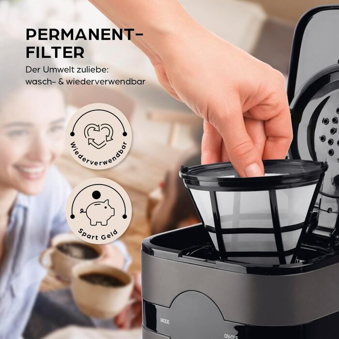 Кавомашина Barista Filterkaffeemaschine з регульованим млинком та термосклом | Функція підігріву, таймер 24г та постійний фільтр | На 10 чашок кави | Кавоварка для зерен та меленої кави [Нержавіюча сталь] (11) Сіра