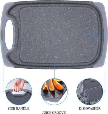 Набір обробних дощок з пластику, 3 шт. з жолобками для соку та антиковзними ручками. Без BPA, придатні для миття в посудомийній машині. Сірий кухонний дошка.