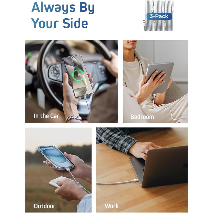 Набір USB-C кабелів LISEN 60W (3x1м + 1x2м), білий. Підтримка PD 3.0, сумісний з iPhone, Switch, Samsung, Pixel, MacBook, iPad, Xiaomi