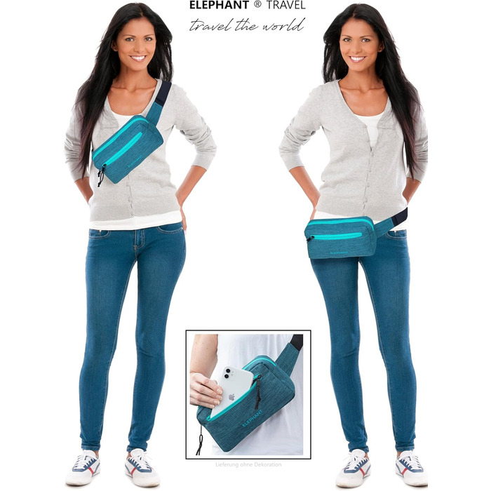 Сумка на пояс для чоловіків та жінок. Велика сумка через плече/на груди, спортивна, для подорожей. Елемент декору - слон. Кольори: зелено-бірюзовий, petrol. Модель 13027