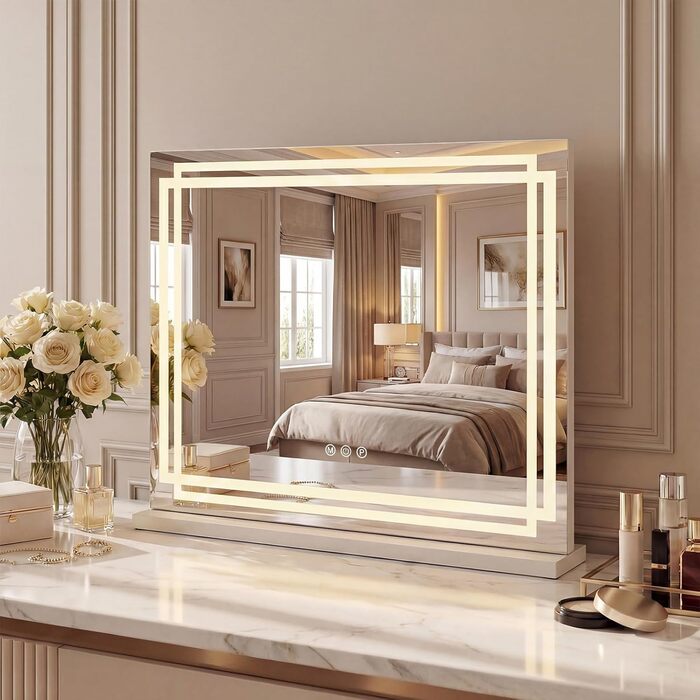 Дзеркало для макіяжу COSTWAY з підсвіткою, 3 режими кольору, 5-кратне збільшення, сенсорне керування та регулювання яскравості, поворотне на 360°, 58x48 см