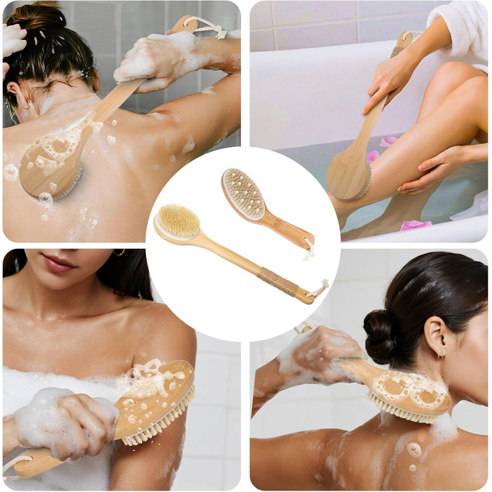 Набір з 2 шт. щітки для сухого масажу тіла, щітка для спини та душу з довгою ручкою, щітка для лімфодренажу, натуральна щетина для пілінгу та лімфодренажу, масажна щітка для тіла