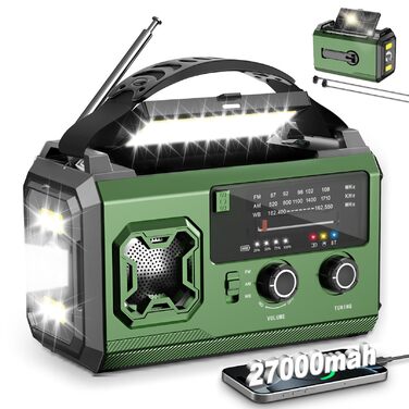 Радіо з ручним заводом та сонячною панеллю Kurbelradio - 27000mAh, AM/FM, LED, USB, SOS, для кемпінгу та надзвичайних ситуацій (оливковий)