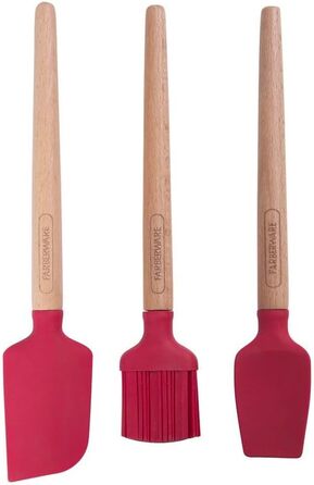 Farberware Wooden Baking Set, including mini baking brush, slotted spatula, perfect for sweet and savory dishes, 3-piece set, red