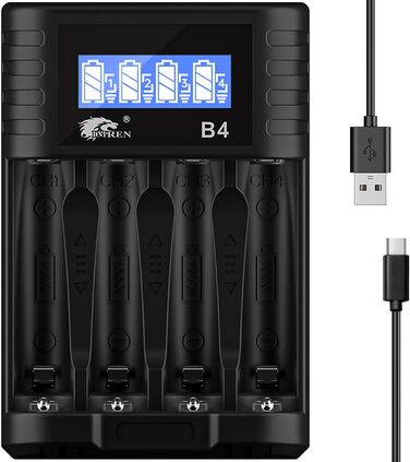 Зарядний пристрій IMREN для акумуляторів AA/AAA з 4 слотами, LCD дисплеєм та USB-C, 5V/2A, для NiMH/NiCD та Li-ion батарей