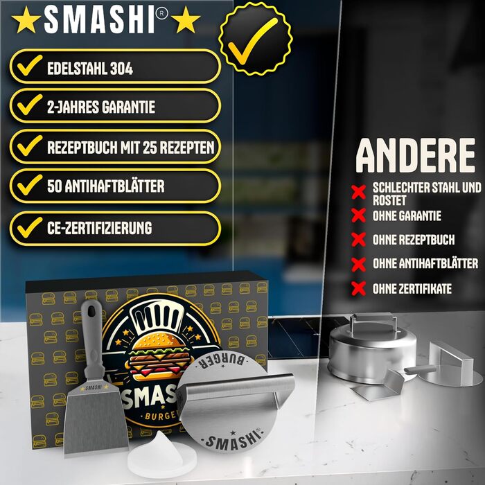 Набір для приготування Smash Burger від SMASHI® з нержавіючої сталі 304 – професійний набір з антипригарною пресом, лопаткою для гриля та дзвоном для бургерів – з рецептами (базовий)