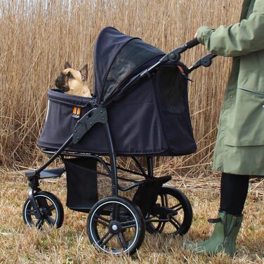 COOPER Складаний собачий візок до 32 кг | Регульована висота ручки, кошик для покупок | М'які ручки, світловідбиваючий дизайн | Ідеальний для транспортування тварин – Чорний