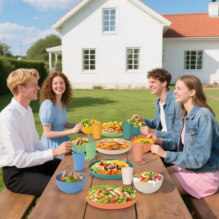 Набір посуду 48 шт. незламний, багаторазовий, для кемпінгу, пікніка, барбекю. Пластиковий посуд, 66 шт. (яскравих кольорів)