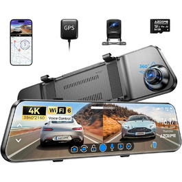 Dashcam AZDOME PG17 4K: Дзеркало заднього виду з відеозаписом, WiFi, GPS, нічне бачення, голосове керування, 64GB карта в комплекті