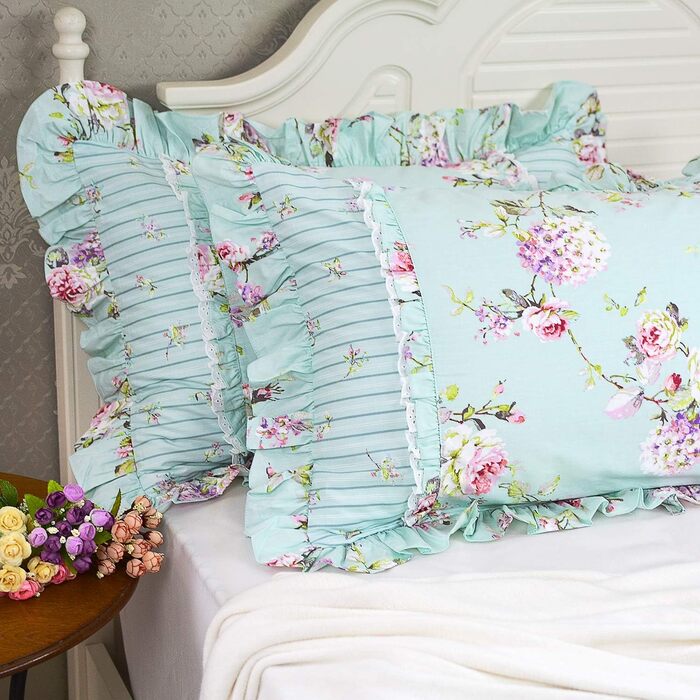 FADFAY Pillow Covers in Farmhouse Style, Roses and Hydrangeas Blue-Green, Striped, Elegant Country Style, 100% Cotton, Vintage Style, Lace, Ruffles, Bedding, Pillowcases, exquisite