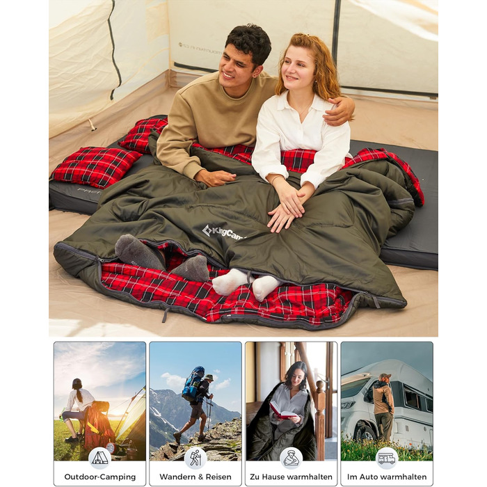 KingCamp 2-Person Sleeping Bag - Winter Warm Outdoor Sleeping Bag for Camping & Travel - 3-4 Season, Lightweight, with Flannel Pillows