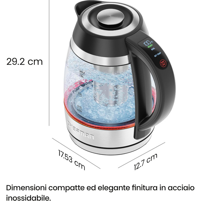 Електричний чайник Chefman 1.8L з нержавіючої сталі, автоматичне вимкнення, захист від перегріву, скло Borosilikat, функція підігріву