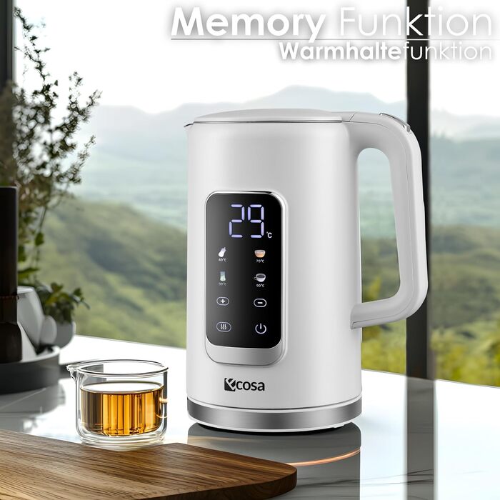 Електричний чайник-заварник зі сталлю, регулювання температури 40-100°C, 1,7 л, 2200 Вт, з підігрівом, LED дисплеєм, без BPA, білий Wanda