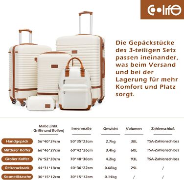 COOLIFE Luggage Suitcase Rolling Suitcase Travel Suitcase made of ABS Hard Shell, 4-Wheel Spinner with TSA Lock. The suitcase includes 1 Travel Backpack and 1 Toiletry Bag (White/Brown, Large 3-Piece Suitcase Set)
