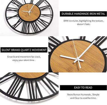 HAITANG Round Wall Clock, Black, 34 cm, for Living Room, Decoration, Vintage Style, Roman Numerals, Silent, Non-Ticking, Wall Clocks for Home, Garden, Office, Cafe Decoration