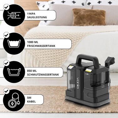 Пилгопоглинач Vonia для килимів та м'яких меблів – потужний миючий пилосос 450W з потужністю всмоктування 11 kPa, 2 насадки та шланг 1,2 м – ідеально підходить для авто, диванів, килимів та м'яких меблів (Чорний)