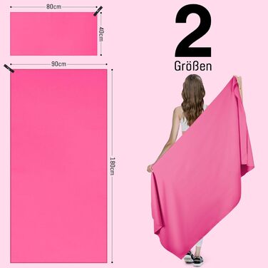 Набір з 2 рушників з мікрофібри: великий (180x90 см) для пляжу та маленький (80x40 см) для спорту, швидковисихаючі та не пісові, ідеально для відпочинку, сауни, трекінгу (рожевий)