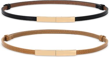 Жіночі тонкі ремені WHIPPY, 2 шт. - регульовані шкіряні пояси з золотистою блискавкою для суконь, 105 см (для талії до 95 см), чорний/коричневий