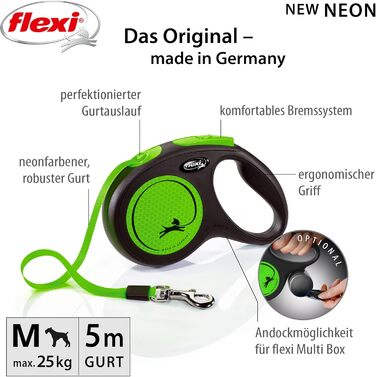 Flexi Neon M: поводок для собак до 25 кг, чорний з неоново-зеленим, світловідбиваючі смуги