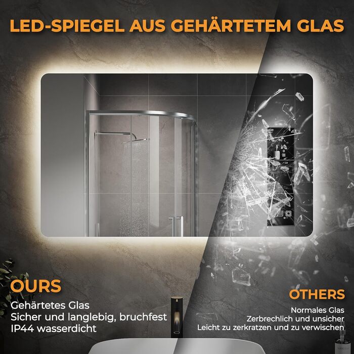 Дзеркало для ванної кімнати SVNR з підсвічуванням, 40x60 см, LED, алюмінієва рама, захисне скло, матові краї, IP44, енергозберігаюче