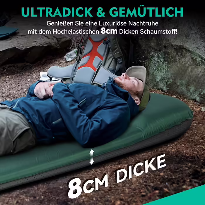 HIKENTURE Self-Inflating Sleeping Pad, 8CM Thick Foam Camping Mattress, Self-Inflating Air Mattress, Comfortable Sleeping Mat for Outdoor, Tent, Hiking (Dark Green)