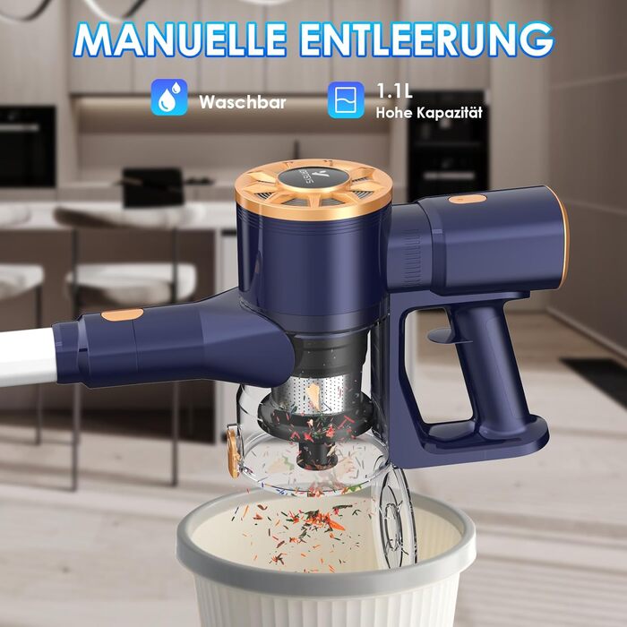 Бездротовий акумуляторний пилосос Vortisys - ручний, 350W, 45KPa, 55 хв роботи, 5-в-1 фільтрація, щітка проти ковтунів, для твердих поверхонь, килимів, шерсті тварин, темно-синій