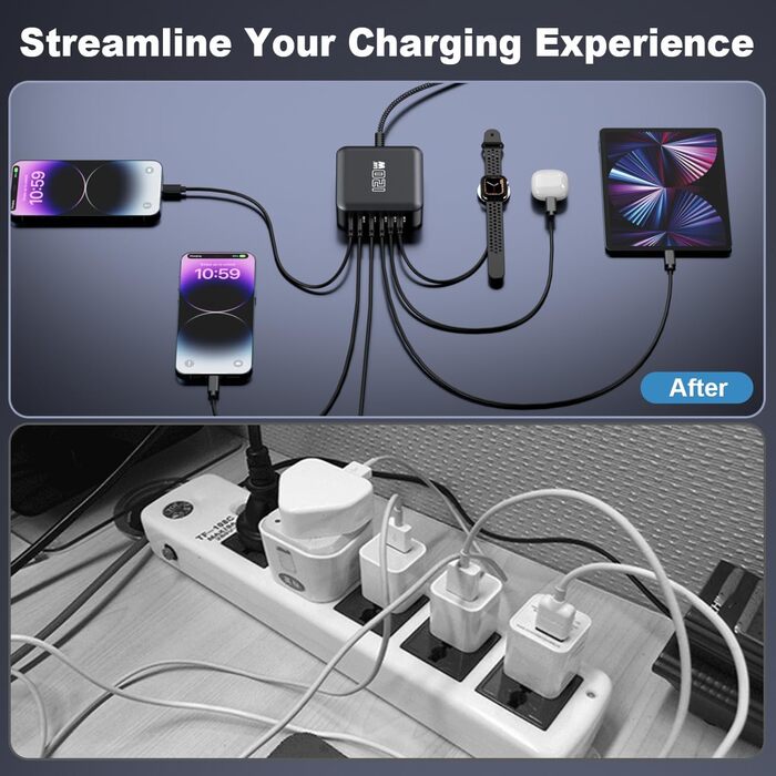 Швидкий зарядний пристрій USB-C GaN Hub 120W, 6 портів для iPad, iPhone 17/16/15/14/13/12 Pro Max, Samsung Galaxy S23 - Сірий