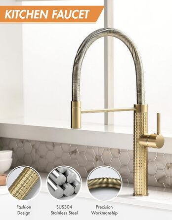 Кухонний змішувач TIMACO висувний, поворотний на 360°, золото. Змішувач для кухні, одноручний, для мийки.