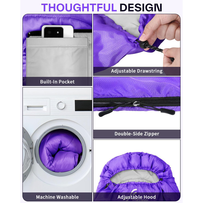 Спальний мішок Sportneer Outdoor - ковдровий, 3-4 сезони, для дорослих, фіолетовий (200x85 см)