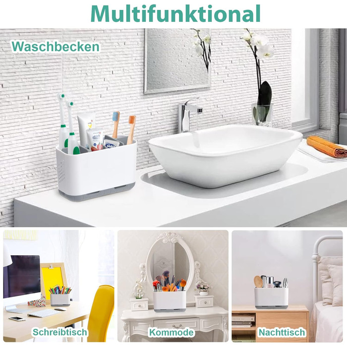 Тримач для електричної зубної щітки сірого кольору. Організатор для ванної кімнати з регульованими перегородками. Підходить для сім'ї та дітей.