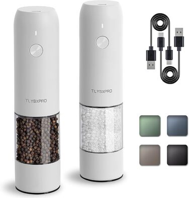 TLYSXPRO Salt and Pepper Grinder Electric 2-Piece Set, USB Rechargeable, Adjustable Coarseness Spice Grinder, Electric Pepper Grinder with LED Light, Cleaning Brush, Kitchen Gadgets, White