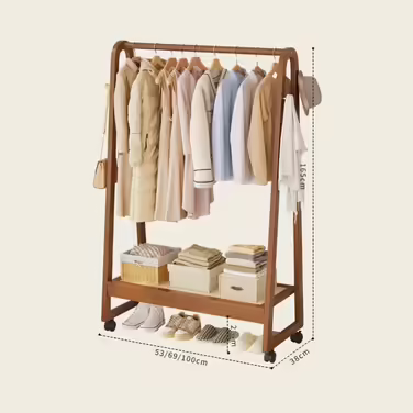 Rolling Garment Rack, Coat Rack, Open Wooden Wardrobe, Wooden Clothes Rail with Blue, Bamboo, Multifunctional, Freestanding, Stable, for Entryway, Living Room and Office (50CM, B)
