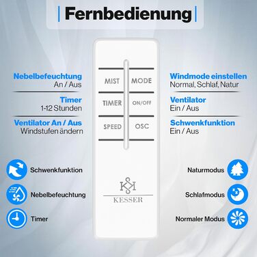 Настільний вентилятор KESSER Frosty з водяним охолодженням та ультразвуковим зволожувачем, з пультом ДУ та таймером, білий