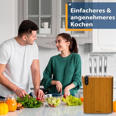 Fimaten 6-Piece Wooden Knife Block Set - Kitchen Knife Set with Chef's Knife, Santoku Knife, Bread Knife, Fruit Knife, Utility Knife & Sharpener