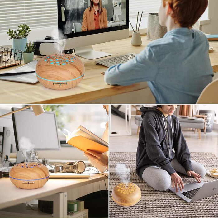 Аромадифузор WD&CD 550 мл з пультом, ультразвуковий зволожувач повітря, дифузор для ефірних олій з 7 кольорами LED, автоматичне відключення, білий (з імітацією текстури дерева)