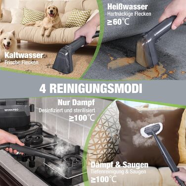 WORKPRO Мийний пилосос для килимів та м'яких меблів, 16 kPa, 4 режими очищення, насадки для килимів, диванів, матраців, вікон, видалення тваринських плям