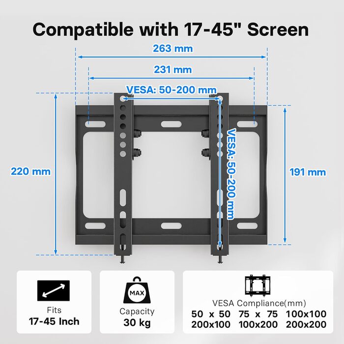 Кріплення для телевізора BONTEC для LED, LCD, OLED, Plasma телевізорів (17-45 дюймів), настінне кріплення, нахил, до 30 кг, VESA 200x200 мм, комплектація: повітряні подушки, кабельні стяжки