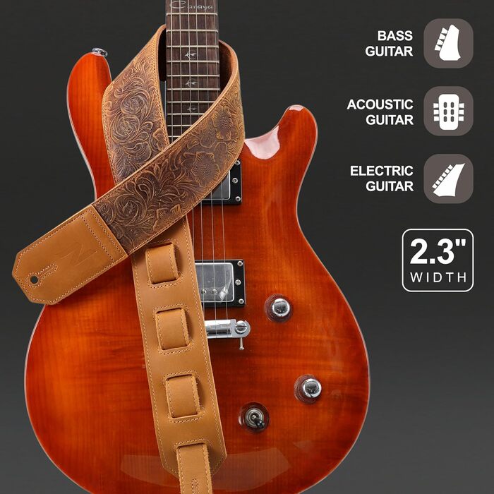 Шкіряний гітарний ремінь Nefelibata 2.3' з повним покриттям з тисненням Сахари (жовтий) для бас, електро та акустичної гітари