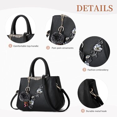 Сумка жіноча DIRRONA велика – сумка через плече та шопер з квітковою вишивкою та помпонами, чорна. Для роботи, відпочинку, подорожей, вечірок та весіль