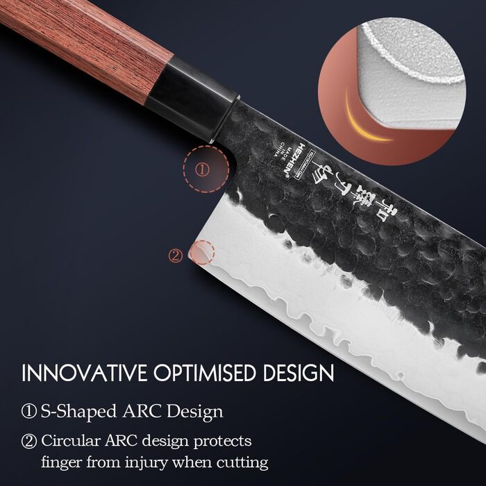 Ніж кухарський Santoku HEZHEN 18,5 см, сталь Дамаск, японський стиль Gyuto, дерев'яна рукоятка