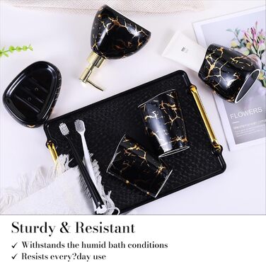 Black bathroom accessory set, gold marble look, modern 6-piece bathroom accessory set, complete with soap dispenser, toothbrush holder, cup, tray, countertop.